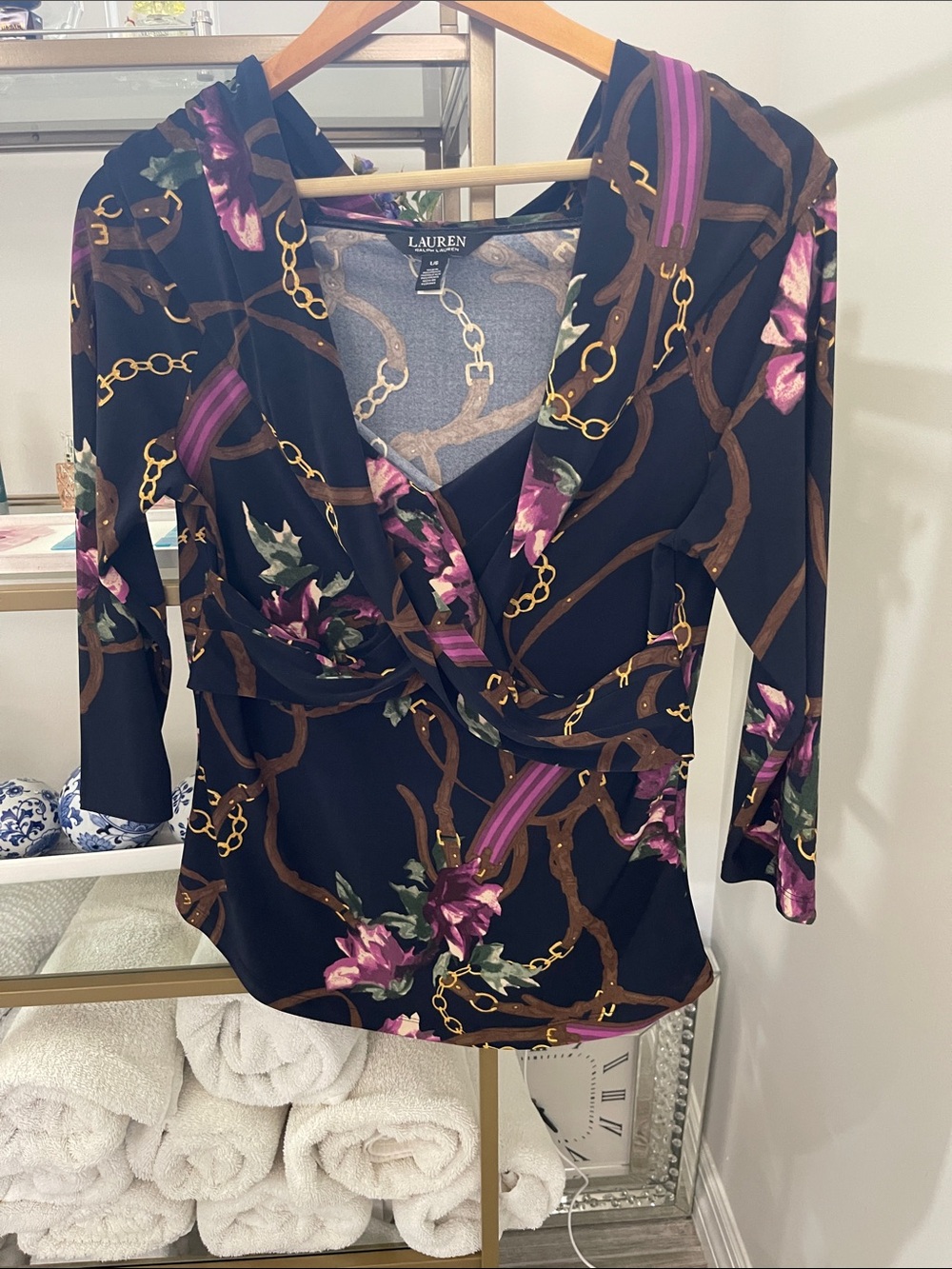Lauren Ralph Lauren Black Long-Sleeve Top with Pink Floral & Gold Chain Motif